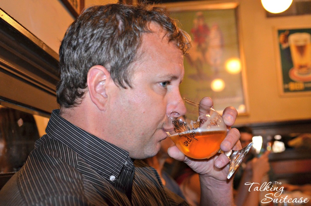 Derrick sampling Dutch beer from Brouwerij 't IJ