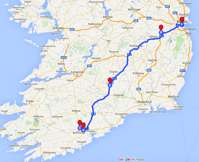 Cork and Blarney Castle Tour Map