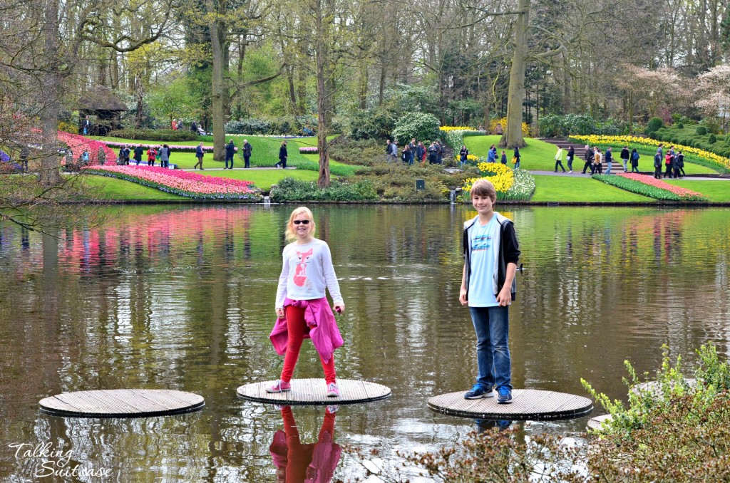 Kids walking on water at Keukenhof Gardens